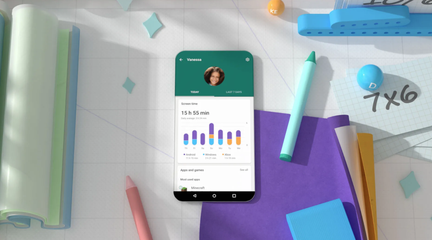 Microsoft Family Safety. Vanessa screen time UI