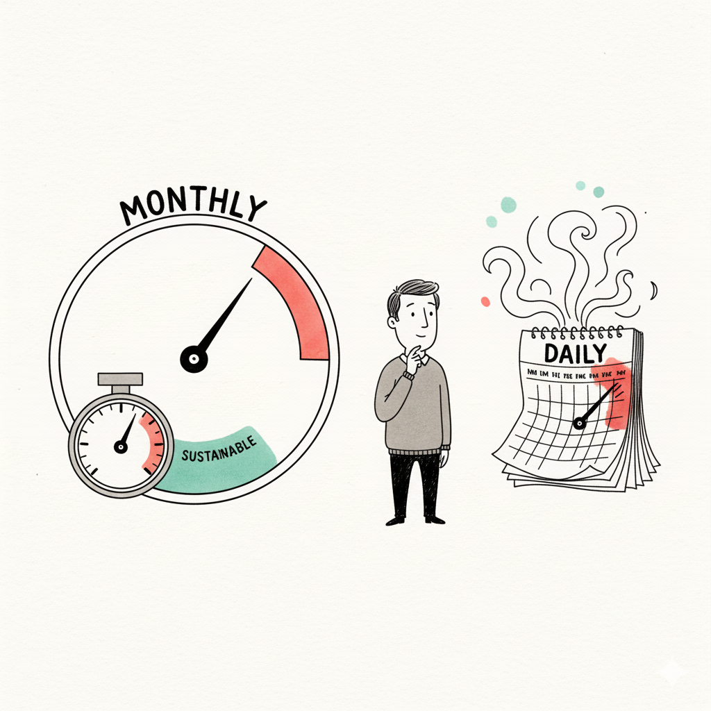 Monthly vs daily publishing cadence shown as pressure gauges