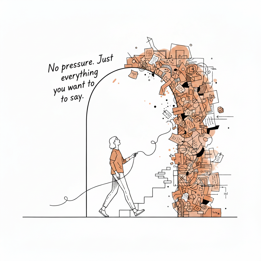 Illustration of a person walking through an archway toward a complex wall of creative work and ideas