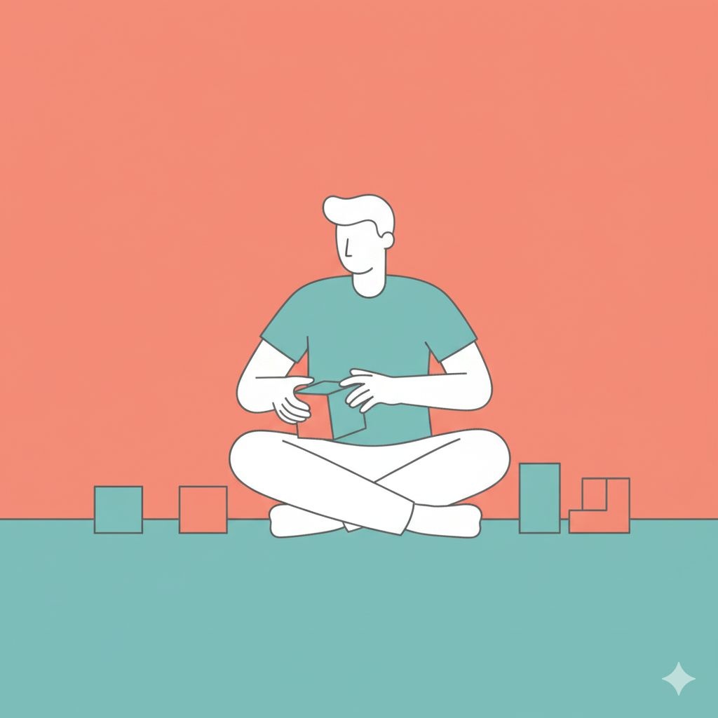 Man sitting down building something, arranging geometric blocks with intention