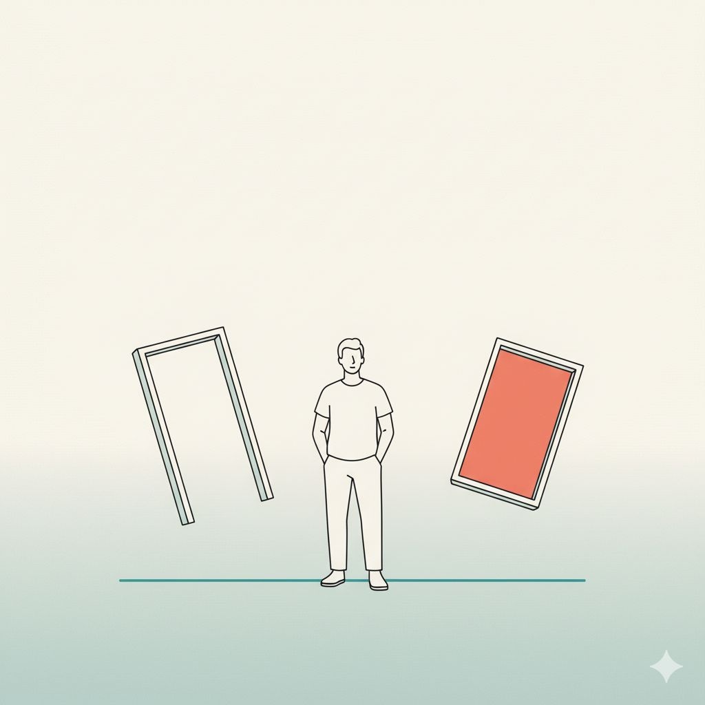 Man standing at a doorway, representing the metaphor of 'Untethered'